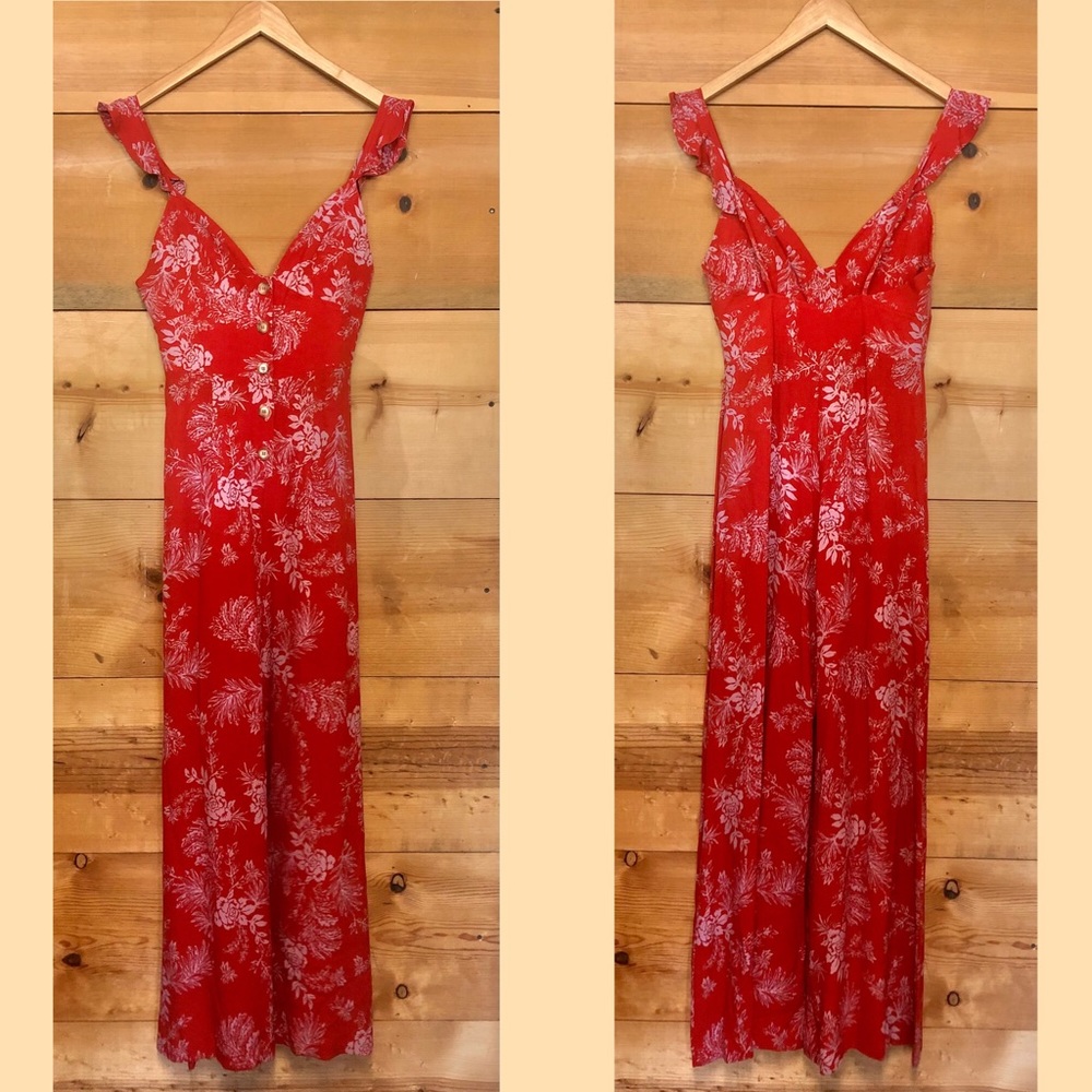 Free People Red Floral Romper with Adjustable Straps